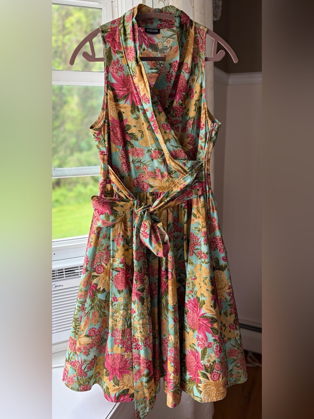 Retro Style Shawl Collar Dress With Front Tie Bow Cottage Coquette Feminine Sz L